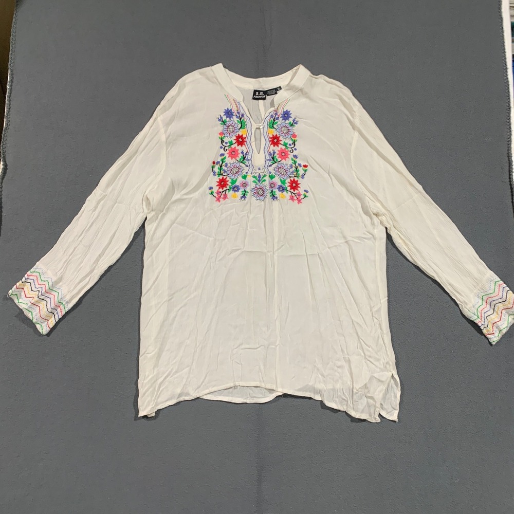 S.R. Fashion Womens XL White Cotton Embroidered Boho Tunic Peasant Blouse Top